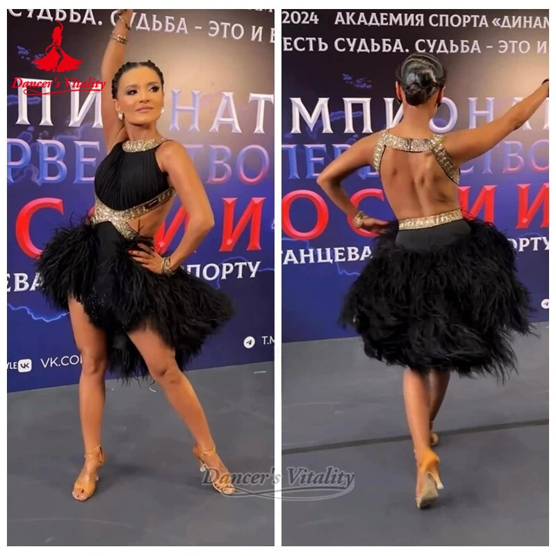 Sleeveless Latin Dance Dresses for Adult Teenager Chacha Samba Rumba Jive Contest Feather Style Clothes Custom Dancer's Vitality