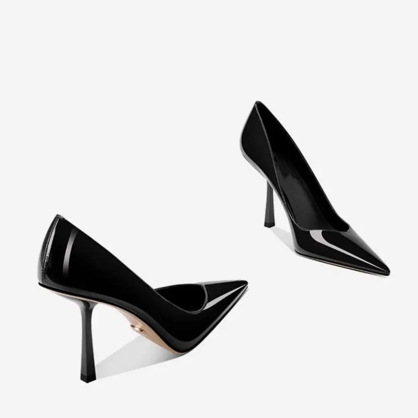 Temperament Mode Spitzen High Heels Sexy Neue Patent Leder Flacher Mund Schwarz Einzelnen Schuhe Mode High Heels frauen Schuhe – Detail 6