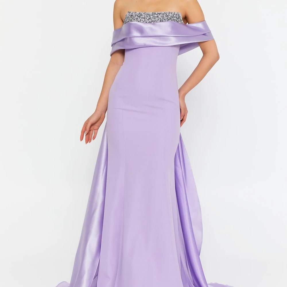 

Customized Mermaid Evening Dresses Floor-length Off The Shoulder Sleeveless Prom Gown Fashion Sequined Pleat Backless Party Gown