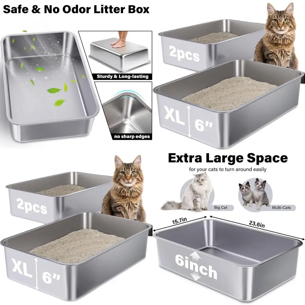 

Extra Large Stainless Steel Litter Box 2-Pack, 23.6 x 15.7 x 6, XL Odorless, Easy Clean for Large Cats or Multiple Felines