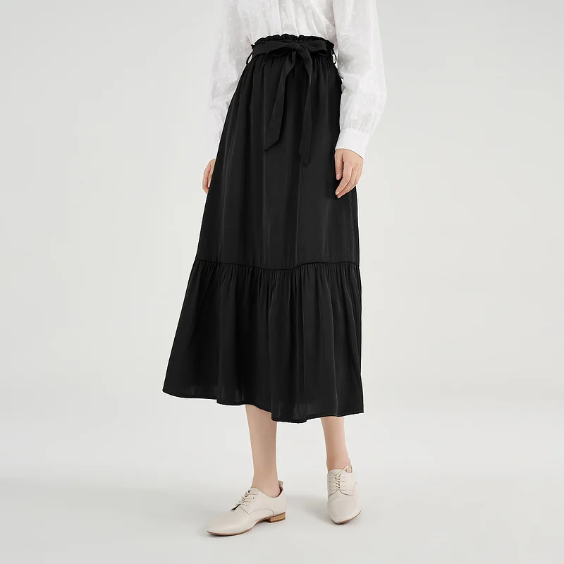 INMAN Elegant Spring Women's Skirt Casual A-line Literary Lotus Leaf Skirts For Women Loose Pleated Office Lady Skirt With Belt