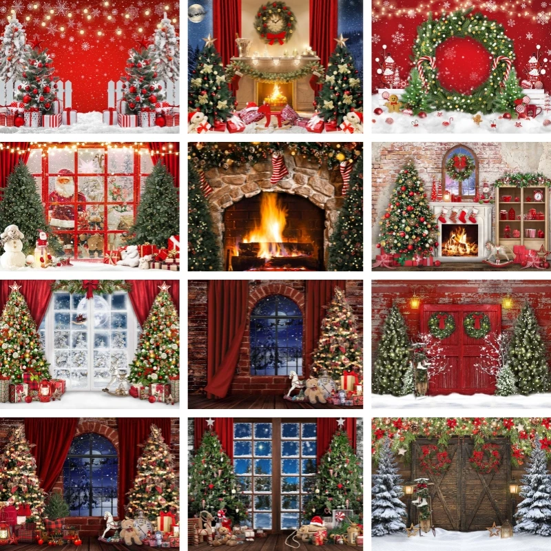 

Red Wooden Doors Christmas Party Backdrop Christmas Tree New Year Celebration Backgrounds Portrait Photography Props Photozone