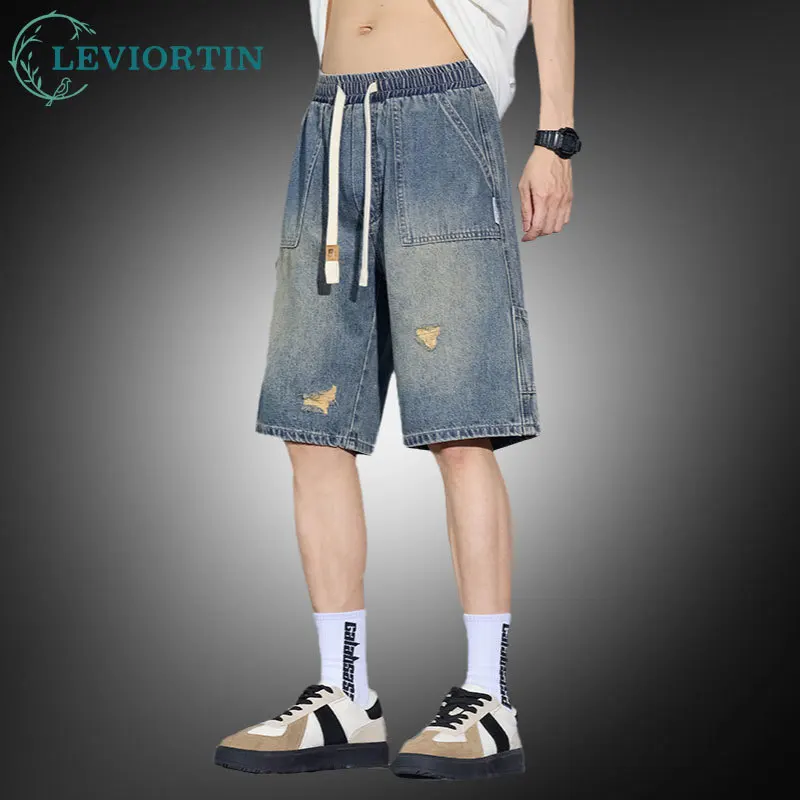 Men's Summer Cargo Jeans Shorts Summer Washed Distressed Denim Shorts -Vintage Stone Wash Ripped Cargo Shorts with Mult Pockets