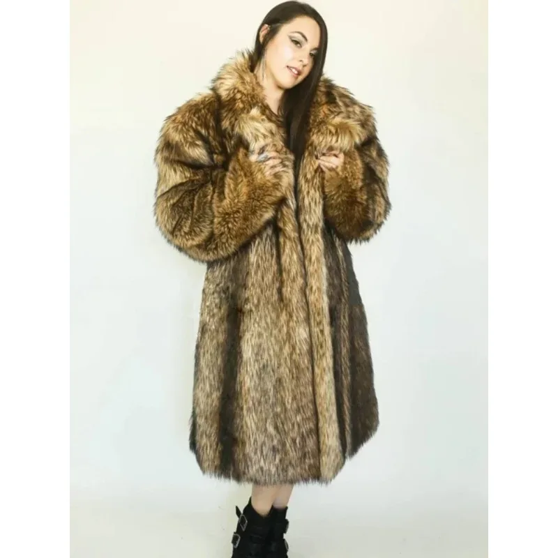 

Женская теплая куртка из искусственного меха лисы, зимняя повседневная длинная куртка-ветровка, женская толстая пушистая роскошная теплая парка, верхняя одежда