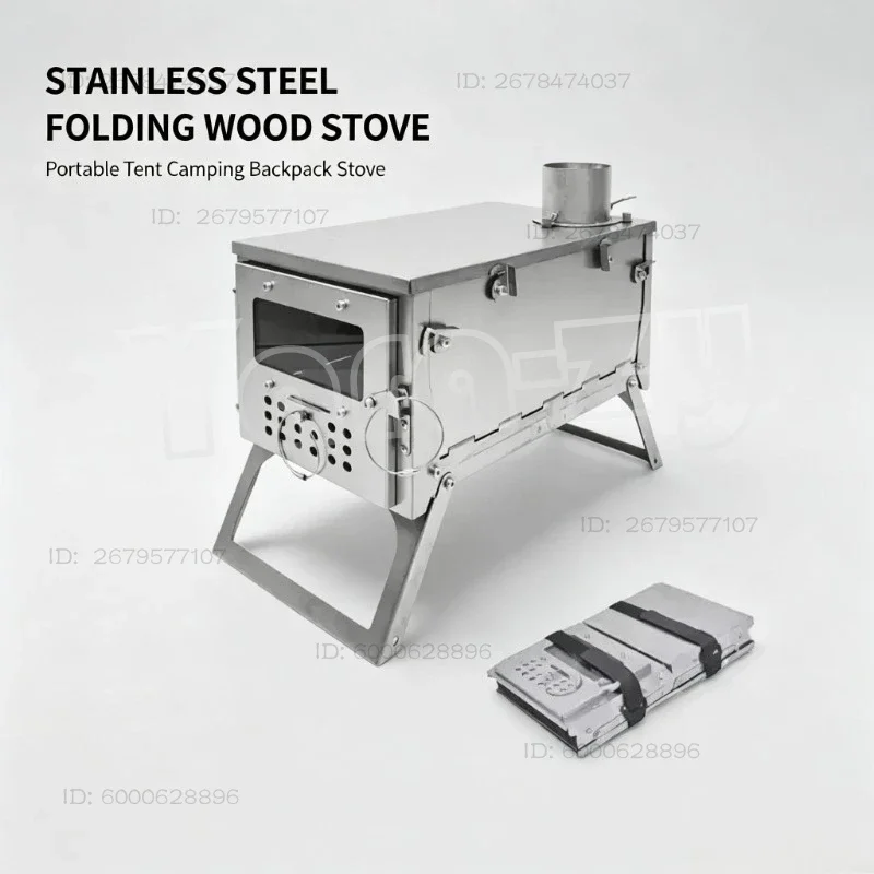 Stainless Steel Single Glass Foldable Portable Wood Stove - Outdoor Tent Camping Hiking Backpacking Stove