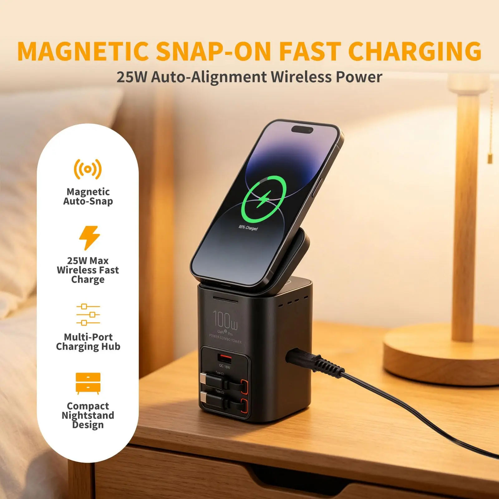 100W Multi-Function Desktop Charging Station Wireless Charger with Dual 75cm Retractable USB-C Cables for Laptops,Phones,Earbuds