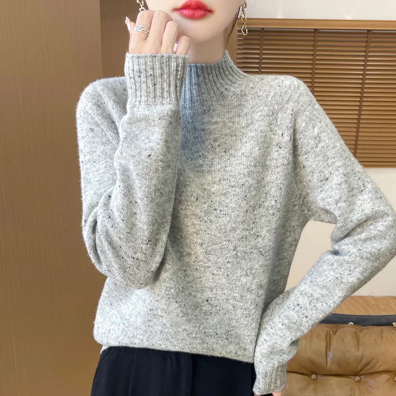 Women Dot yarn Knitwear Pure Wool Pullover Thick&Loose Seamless Sweater Half height collar Raglan Sleeve Warm Soft Basics Tops