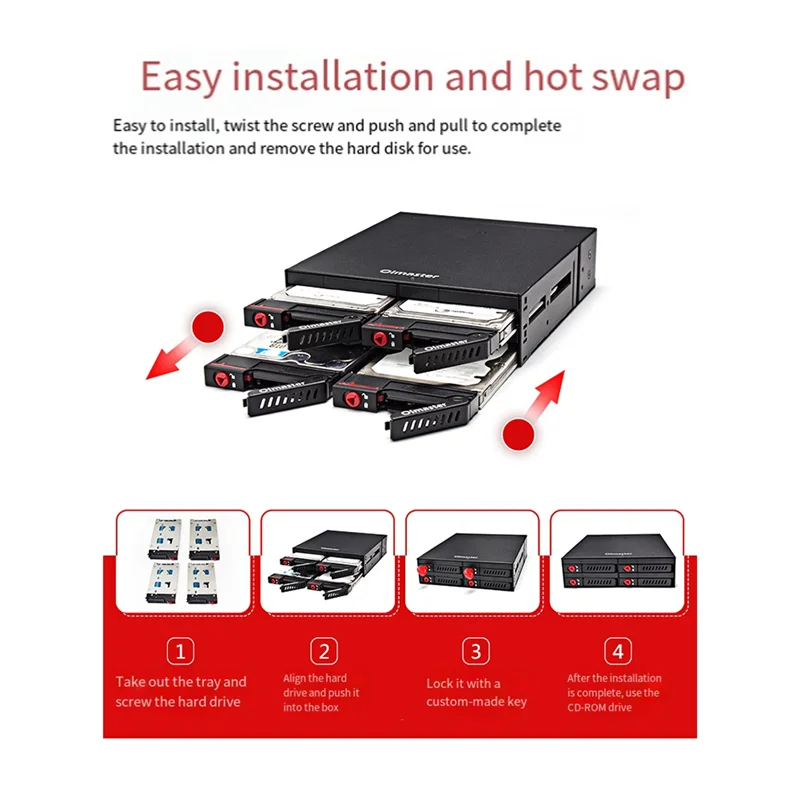 A29F-Oimaster SATA SSD HDD Gabinete Rack móvel/Caixa de disco rígido Rack de armazenamento de dados de metal 4 baias 2,5 polegadas para 5,25 Dr