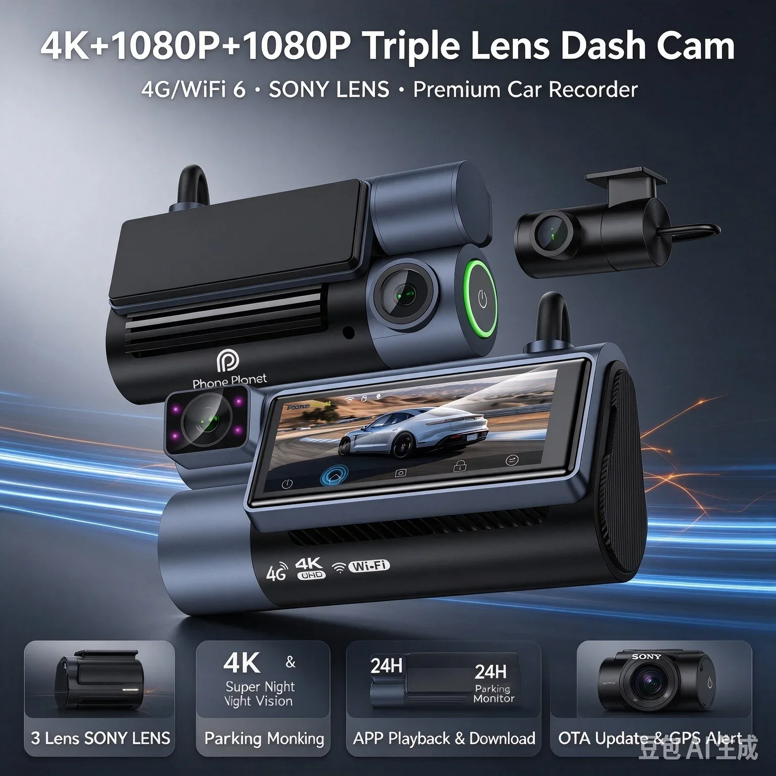 WiFi-6 4G 3-Channel Dashcam With 4K UHD Lens, GPS Tracking Parking Monitor Car DVRing, Two Way Audio, SOS Alarm OTA Update
