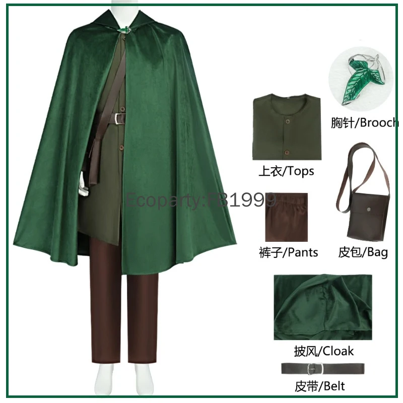 

Movie Bilbo Cosplay Costume for Men Medieval Renaissance Knight Ranger Costumes with Green Hooded Cloak Hallowee Party Outfits