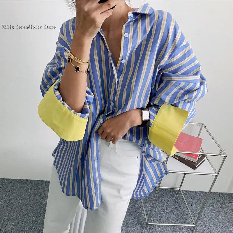 Spring and Autumn Contrast Striped Shirt Women\'s Loose Mid-Length Base Shirt Fashionable Casual Top