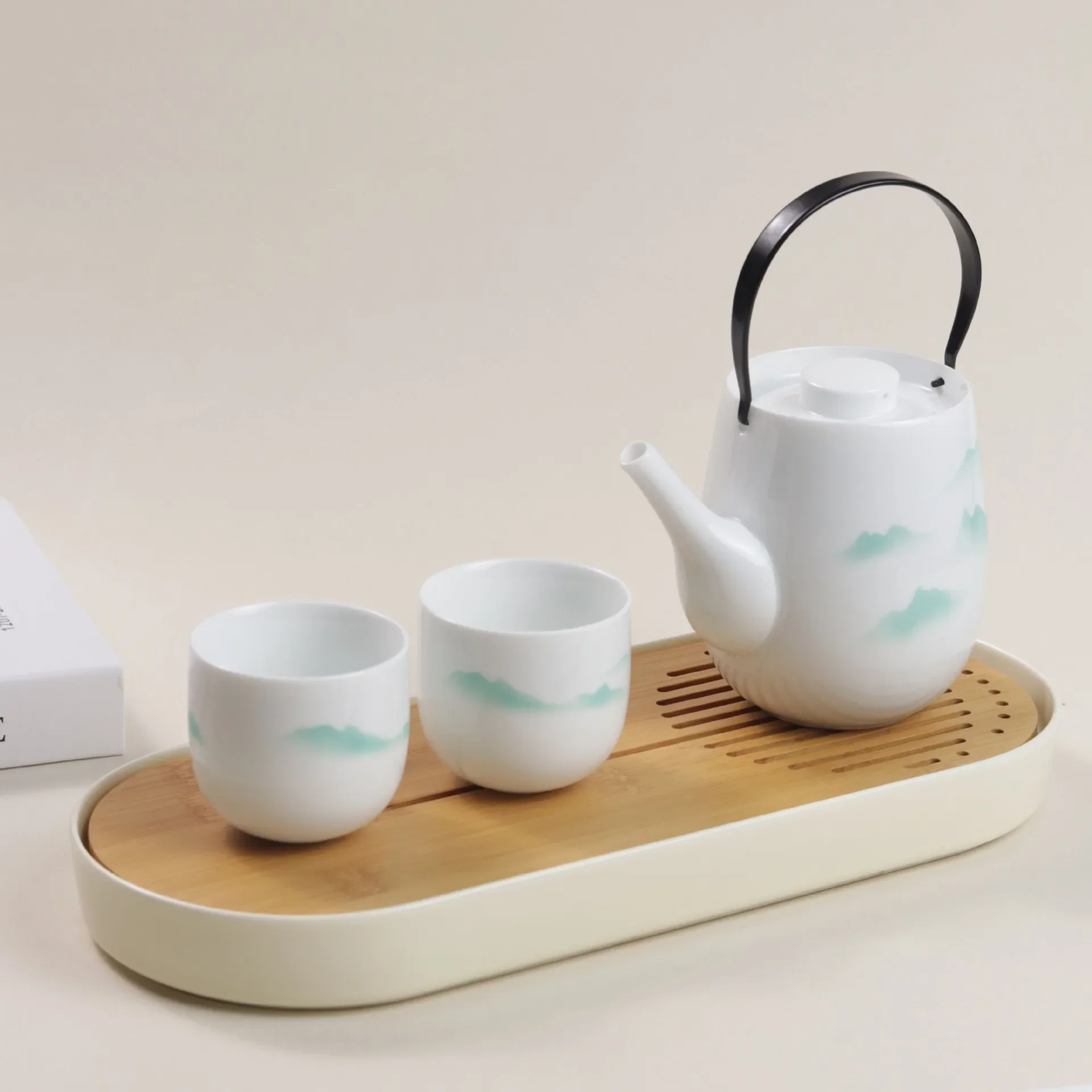 Dehua White Porcelain Kung Fu Tea Set with One Pot and Two Cups with Tray Chinese Luxury Ceremony Sets Complete