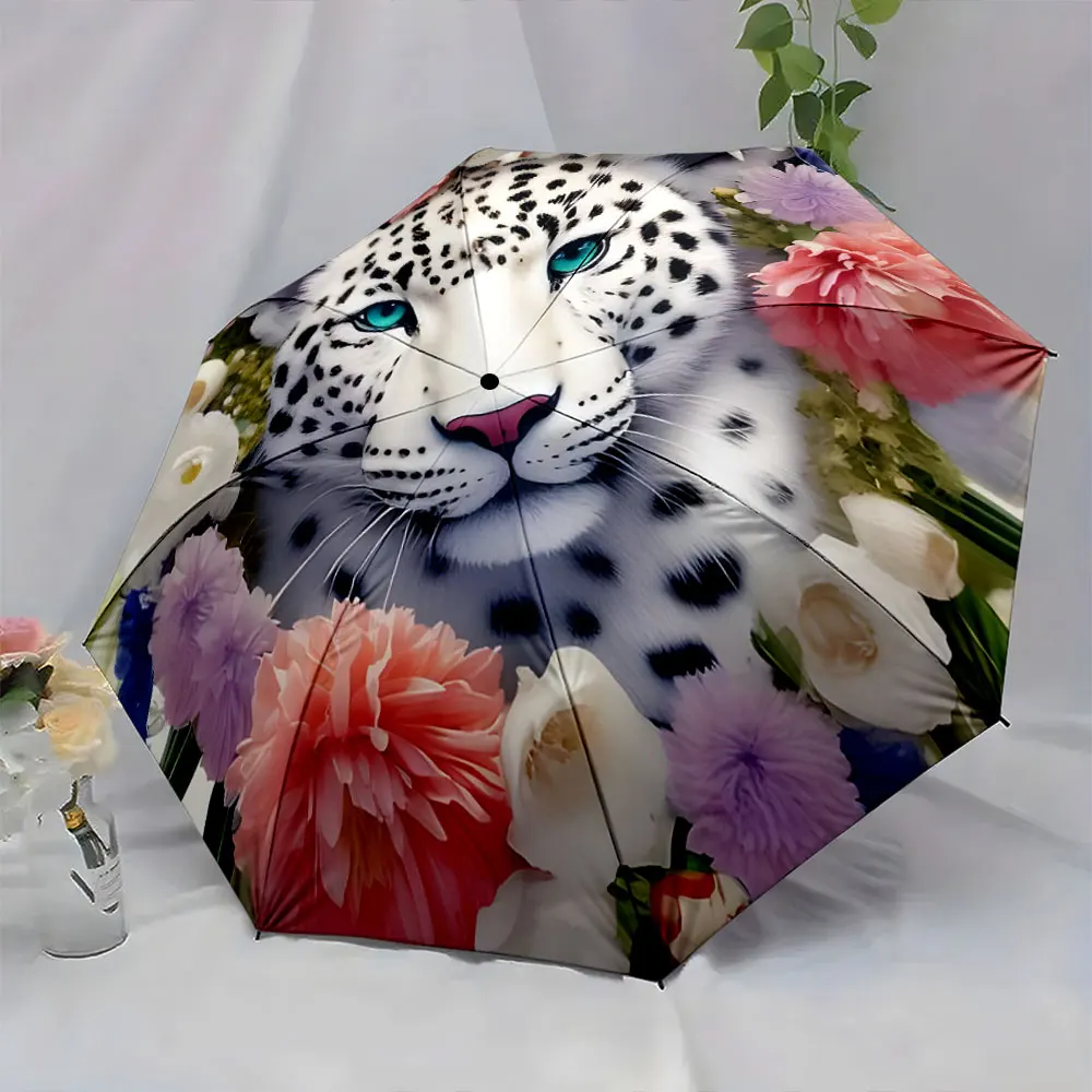 1PC Leopard and Floral Design Umbrella Display Print 8 Iron Ribs Folding Umbrella Auto-Open Fashion Sunshade