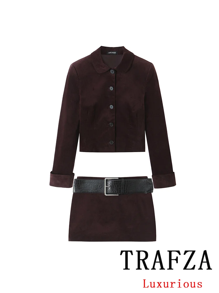 TRAFZA Vintage Casual Chic Solid Velvet Suit Single Breasted O-Neck Blazer Sashes Short Skirt New Fashion 2024 Autumn Women Sets