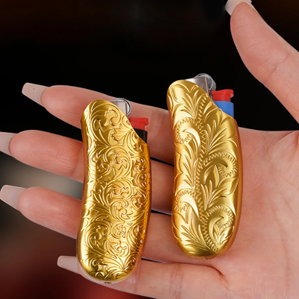 Banana Shaped Metal Case For BIC Lighter Mini J5 Golden Pattern Gas Lighters Decorative Shell