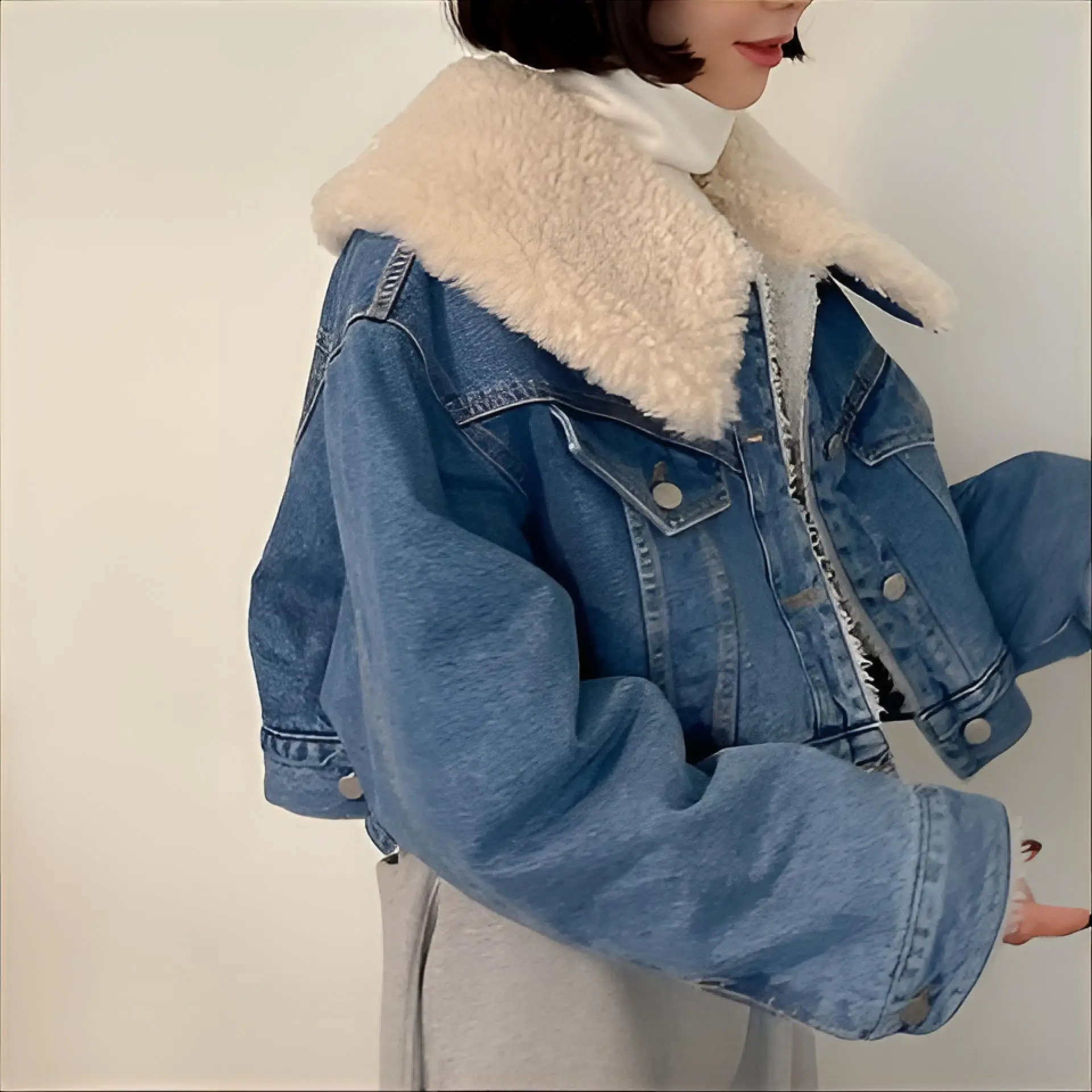 

Джинсовые пальто для женщин, куртки с длинными розовыми рукавами и лацканами, женские меховые плюшевые женские осенние куртки обычного кроя с атласной подкладкой, сложенный воротник для отдыха