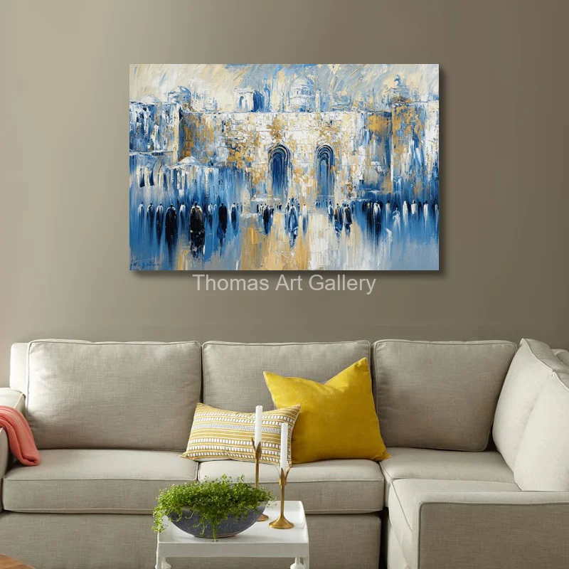 Oversize Abstract Jerusalem Western Wall Canvas Prints Blue Gold Holy City Landscape Modern Decor for Jewish Living Room Home