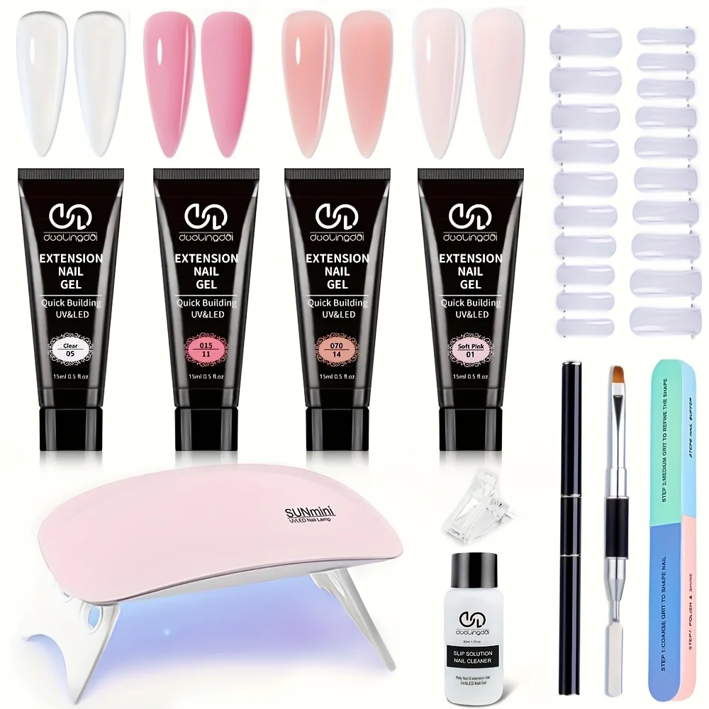 

Poly for Nail Gel Kit, 4pcs Clear Pink White Colors Builder for Extension Set, Long Lasting Hard Gel for Nails Strengther