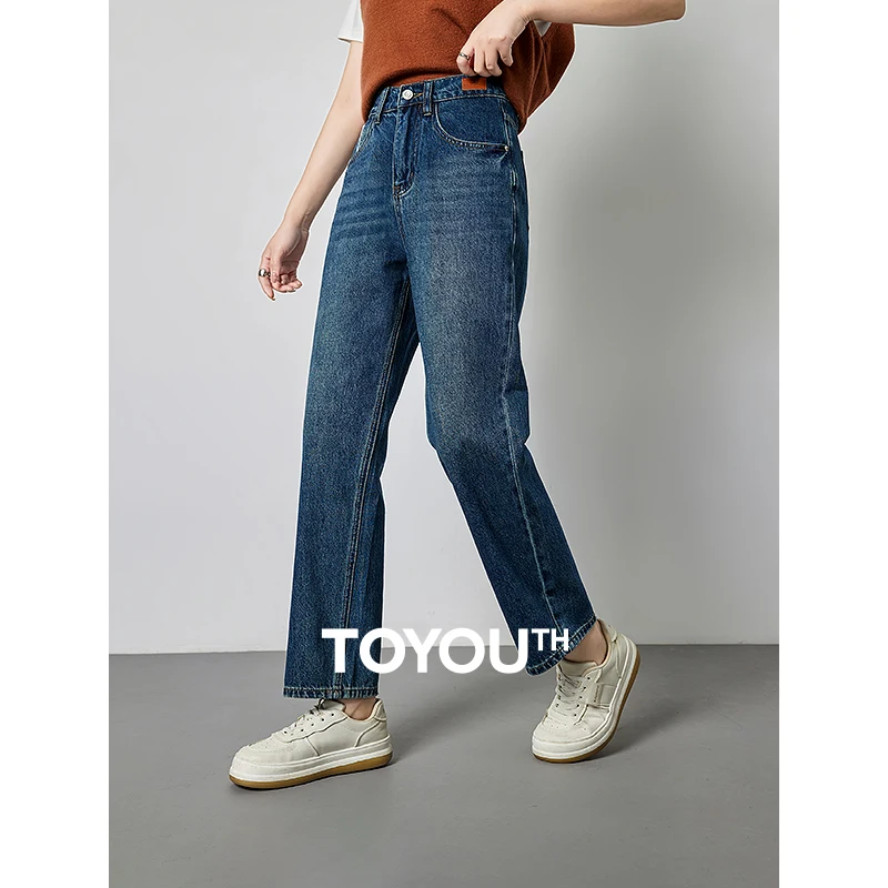 

TOYOUTH Vintage Women Jeans High Waist Straight Denim Pants American Style Fashion Casual Strech Denim Trouser