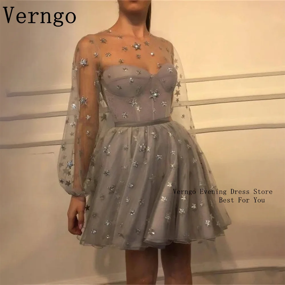 

Verngo 2024 Long Puff Sleeves Prom Gown High Neck Short Party Dress For Women Elegant Shiny Stars Mini Formal Occasion Dress