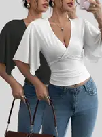 Conjunto de dos piezas de camiseta de mujer de manga grande de tendencia versátil con cuello en V elegante