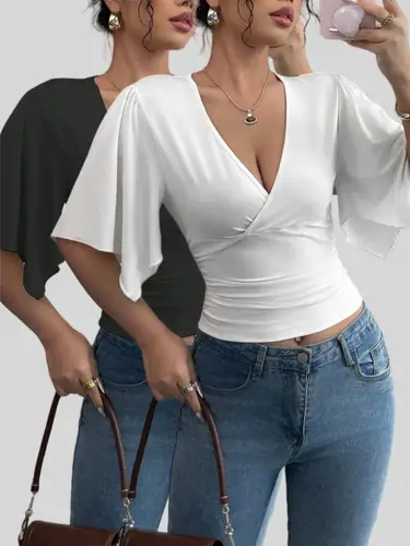 Conjunto de dos piezas de camiseta de mujer de manga grande de tendencia versátil con cuello en V elegante