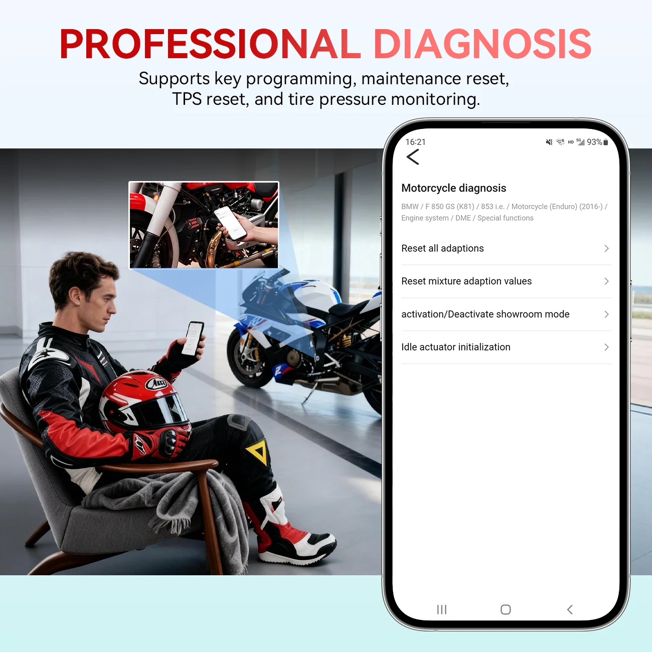 JDiag MOTOSYS M10 Bluetooth Motorcycle Scanner Comprehensive Diagnostic Tool Operating through Motosys APP to diagnosis