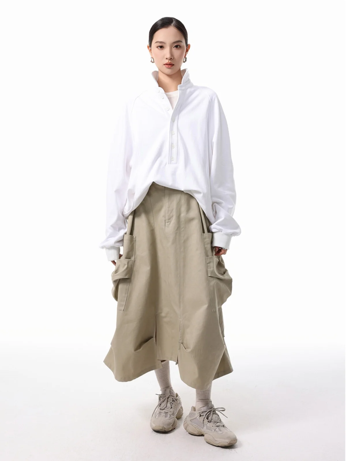 

Decorative Large ket Irregular Hem Workwear Skirt for Women mid Waist Cotton Pure Color Commute Sle Winter Collection