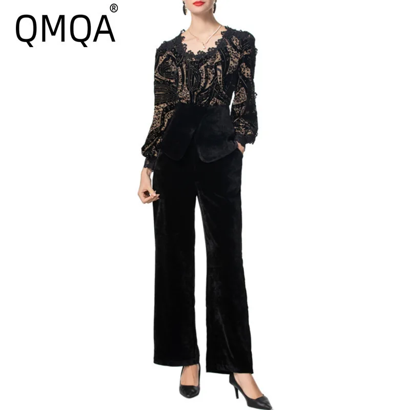 QMQA Fashion Women's Water Soluble Hook Print Velvet 2 Pcs Sets Round Neck Long Sleeved Top Straight Pants Set 2025 New 1A738