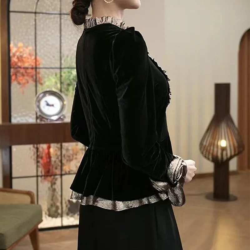 Top de manga bolha de veludo preto com decote em pé feminino, cor contraste, elegante, camisa versátil, moda outono, inverno, novo, 2023