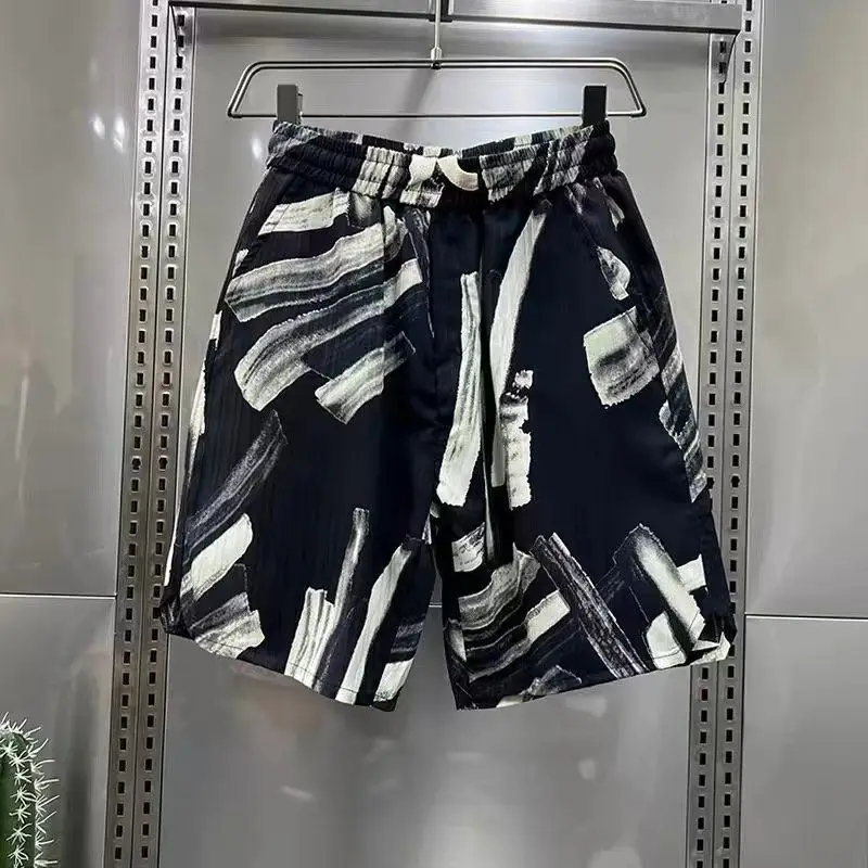 

Fashion Printed Pockets Striped Casual Shorts Men's Clothing 2025 Summer New Loose All-match Elastic High Waist Beach Shorts