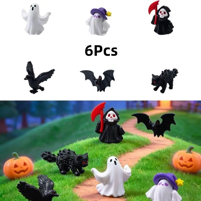 6pcs Miniature Resin Skeleton Pumpkin Devil Skull Figurines Halloween Ornaments Fairy Garden Decor DIY Accessory Set