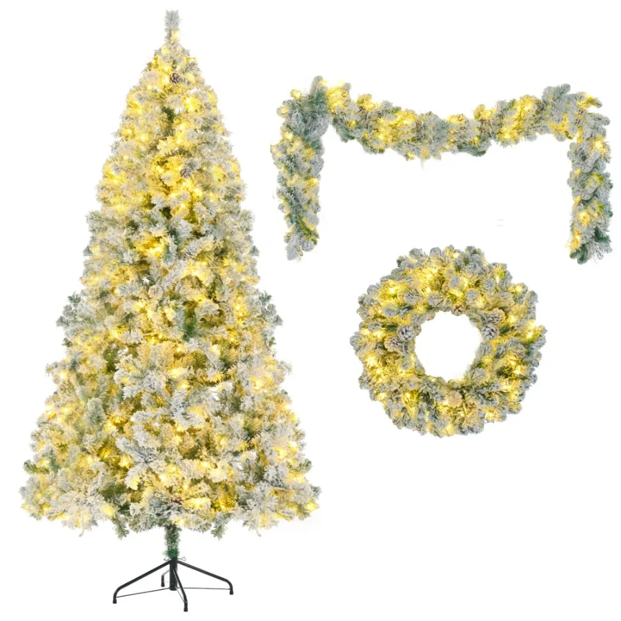 6FT Snow Flocked Christmas Tree PreLit Set with Tree Garland Wreath Artificial Hinged Xmas Tree with Colorful LED Lights 8 Ligh