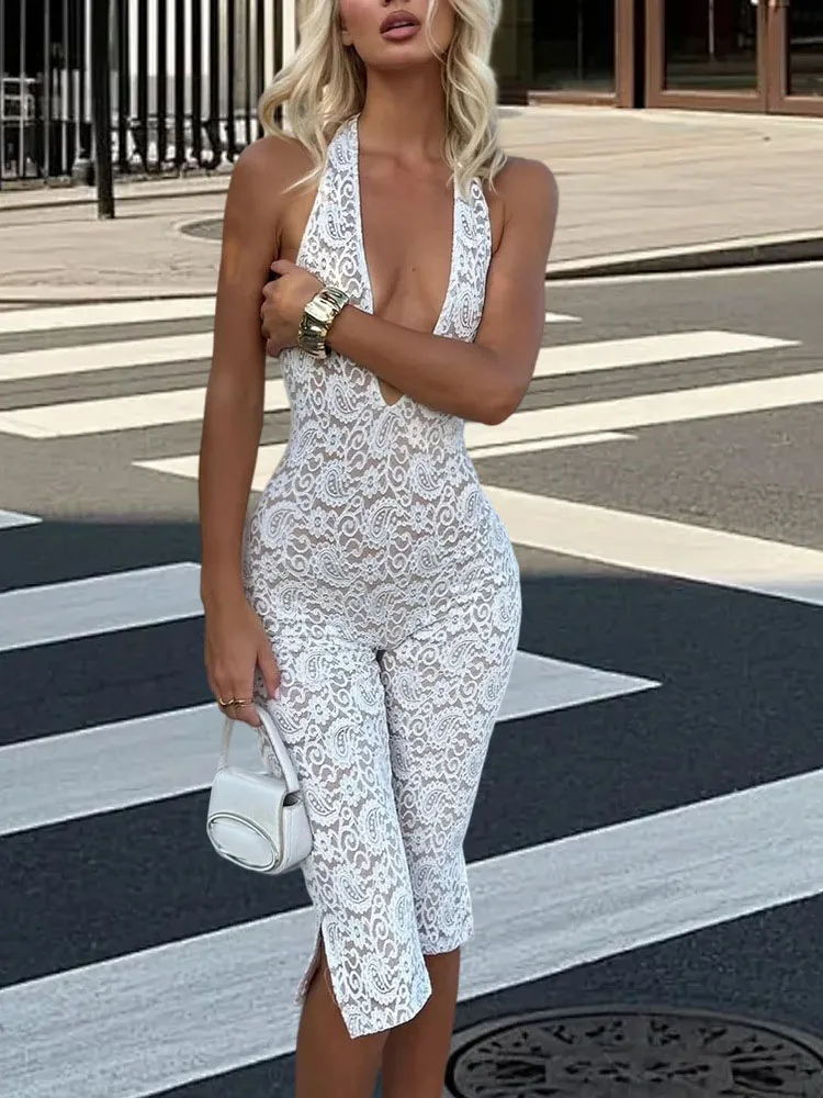 

Модный кружевной комбинезон, новый летний сексуальный женский вечерний комбинезон с глубоким v-образным вырезом и открытой спиной, без рукавов, тонкие укороченные брюки с разрезом, комбинезон для женщин