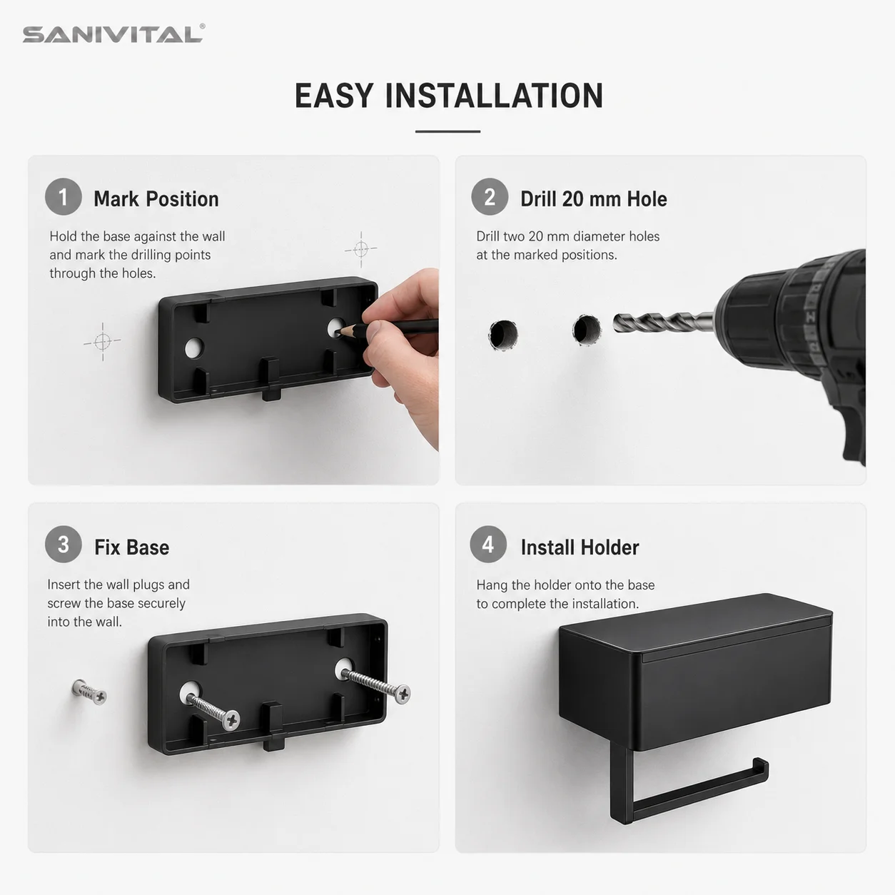 SANIVITAL Drill Mount Toilet Paper Holder Matte Black Wall Mounted Tissue Roll Holder with Storage Shelf for Bathroom view 5