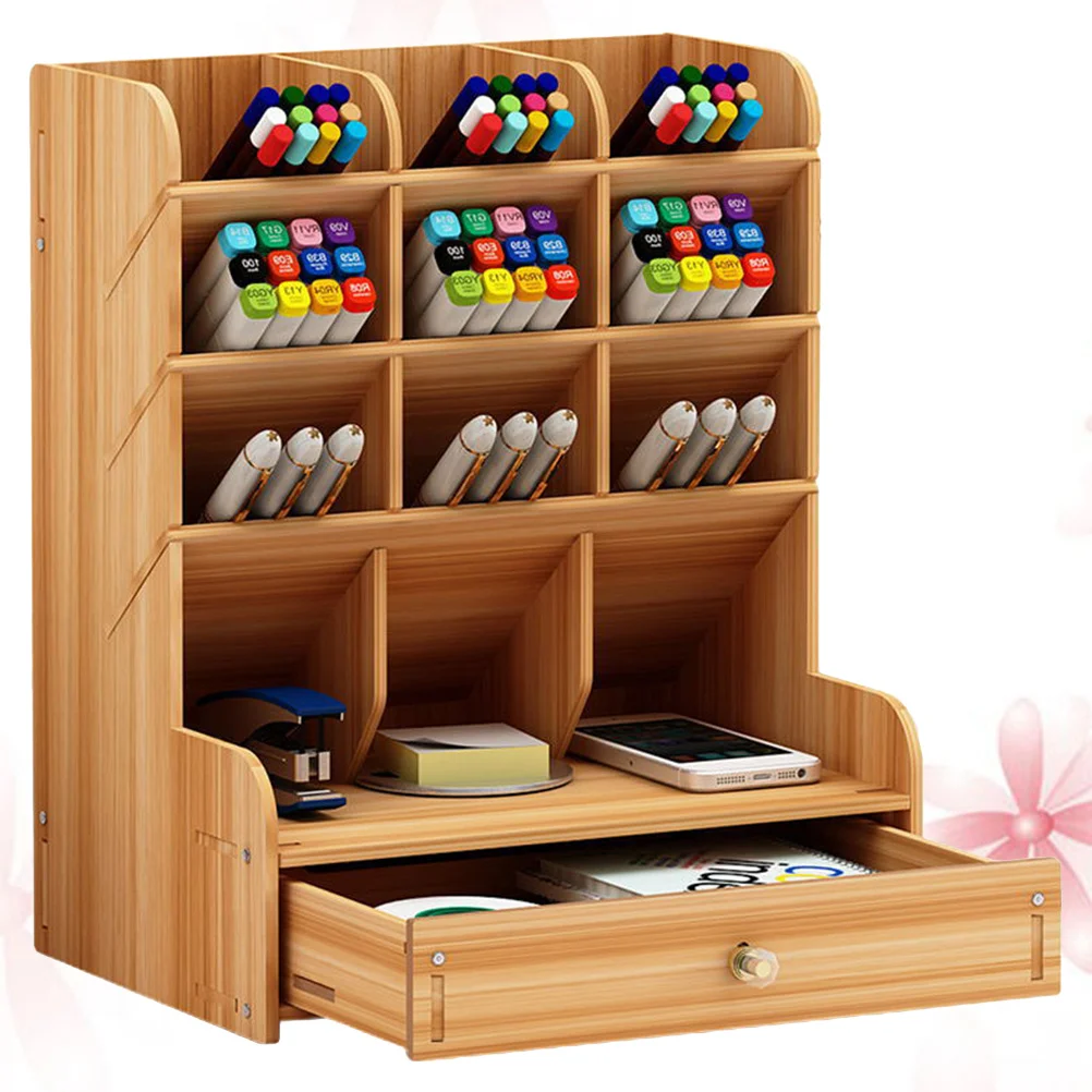 Wooden Pen Holder Storage Box Cherry Modern Design Multi-Divided Desk Organizer Office Desktop Storage Shelf Large Capacity