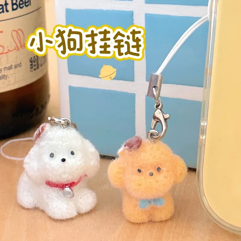 2 Stücke Kawaii Kleine Plüschtier Anhänger Telefon Rucksack Auto Schlüsselanhänger Charms Niedlichen Welpen Hängen Beflockten Harz Hund Welpen Schlüsselanhänger