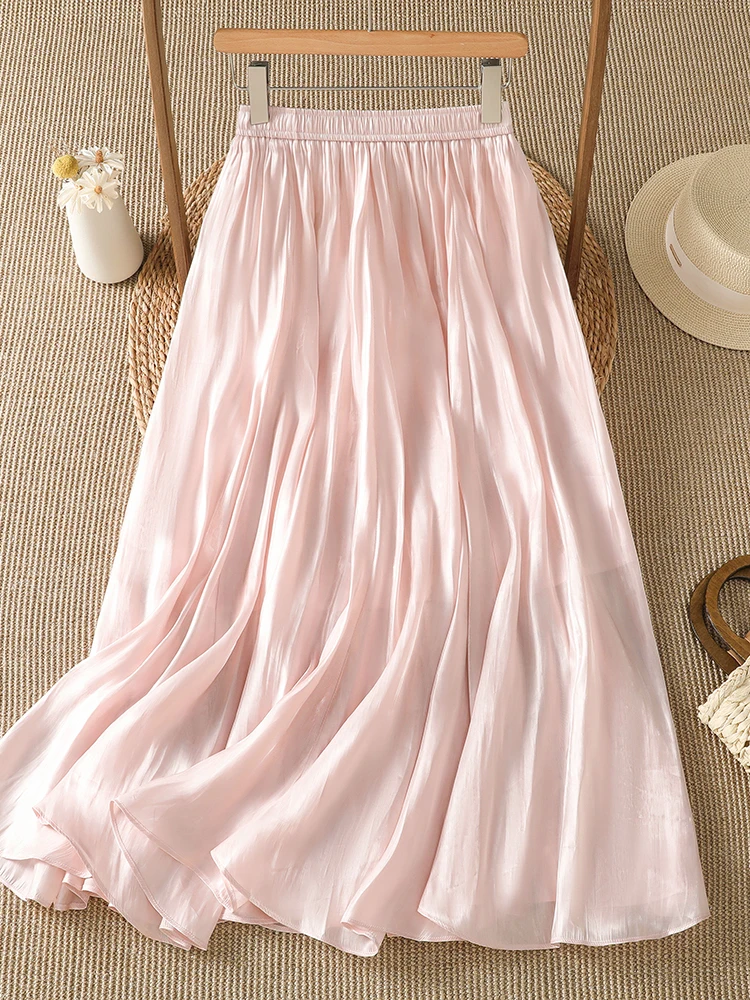 Pink High Waist A-Line Midi Skirt Women's Summer New Style Flowing Gauze Gown Vintage Style Elastic Waist Loose Fit Skirt