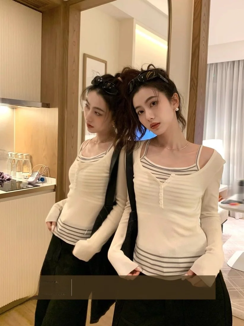 

Slimming Knitted Stripe Top Women's Faion Spring Season Color Blo Fake Two-Piece Fabric Commute Sle Long Sve