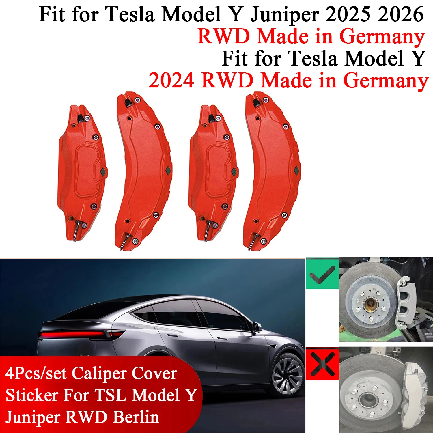 Fit for Tesla Model Y Juniper 2025 2026 RWD and Model Y 2024 RWD Made in Germany Brake Caliper Covers 4pcs/set Rear-Wheel Drive