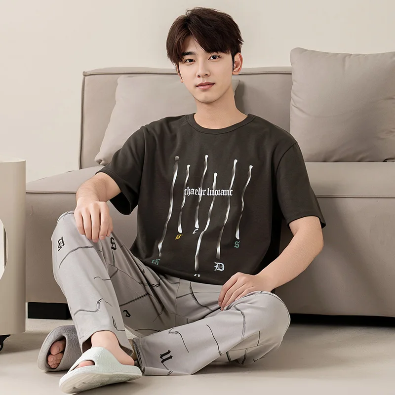 Big Size L-5XL Men Pajamas Set Summer Knited Cotton Pyjamas Male Short Sleeve Sleepwear
