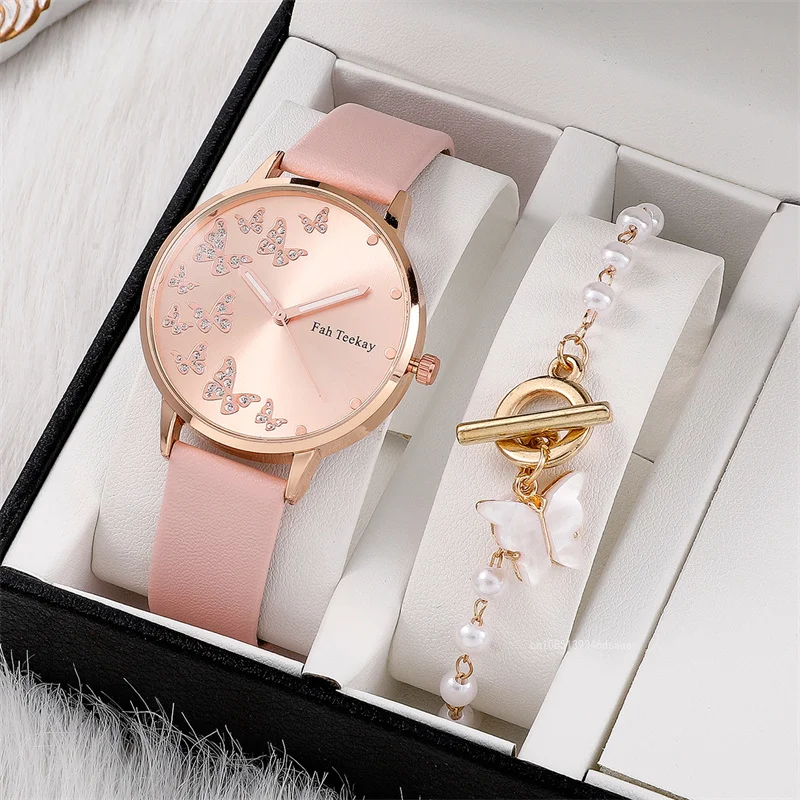 2pcs/Set Womens Butterfly Watches Jewelry Ladies Fashion Watch New Simple Casual Women Analog Wrist Watch Bracelet Gift