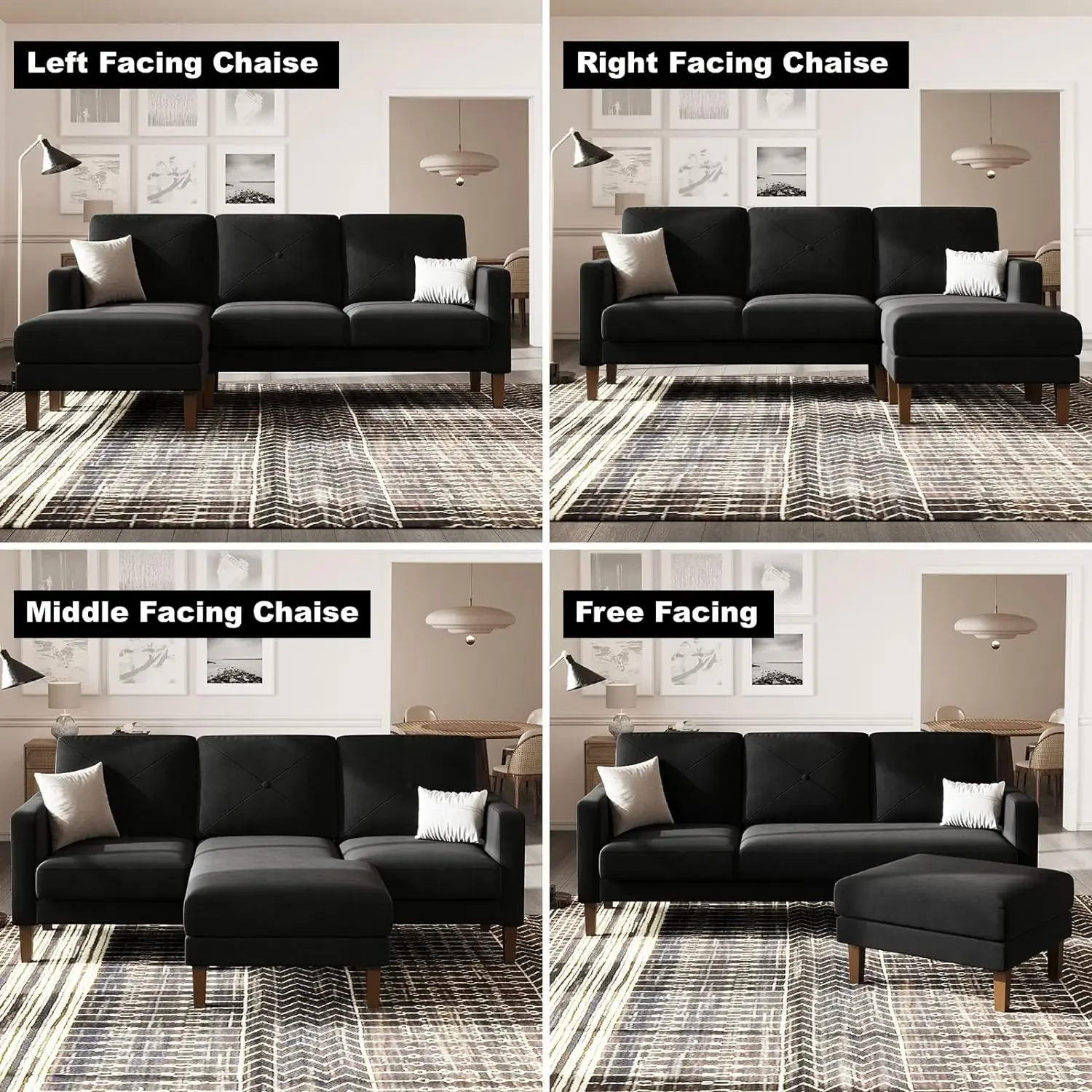 Velvet Convertible Sectional Sofa w/ Chaise Small L Shaped Couch w/ Reversible Chaise 3Seater Sofa Sectional Set for Small Space