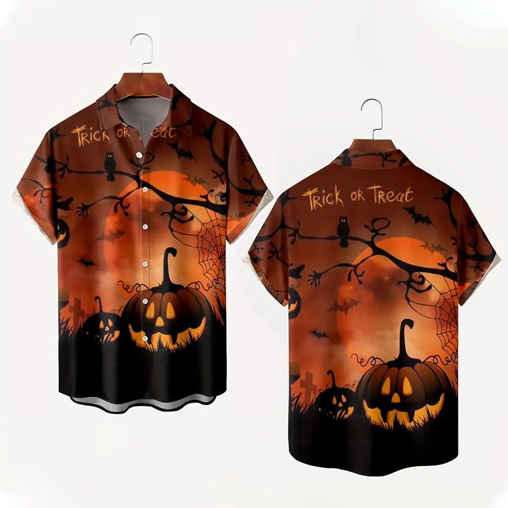Festival Street Horror Pumpkin Graphic Shirt Halloween Party Casual Fashion Trendy Tops Unisex Breathable Lapel Buttons Blouse