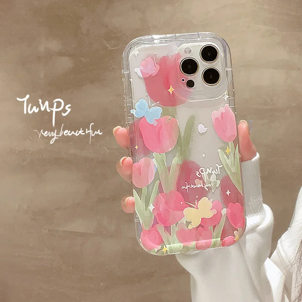 Girls pink fairy garden flowers transparent Phone case For iPhone 14 13 12 11 Pro Max 14 Plus case Cute Sweet cartoon Soft cover