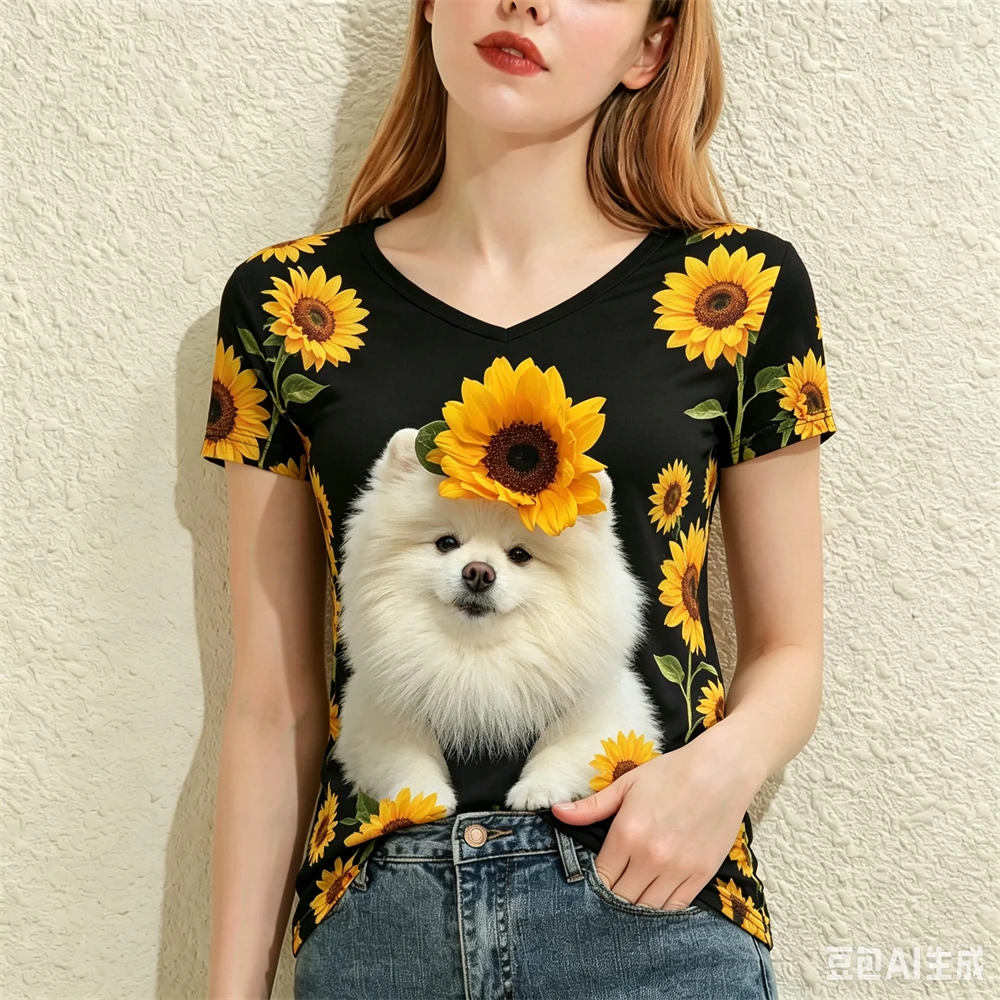 Funny Dog Pattern Women's V-neck T-shirts Summer Loose Short Sleeve Tees Fashion 3D Sunflower Print Tops Casual Female Clothing