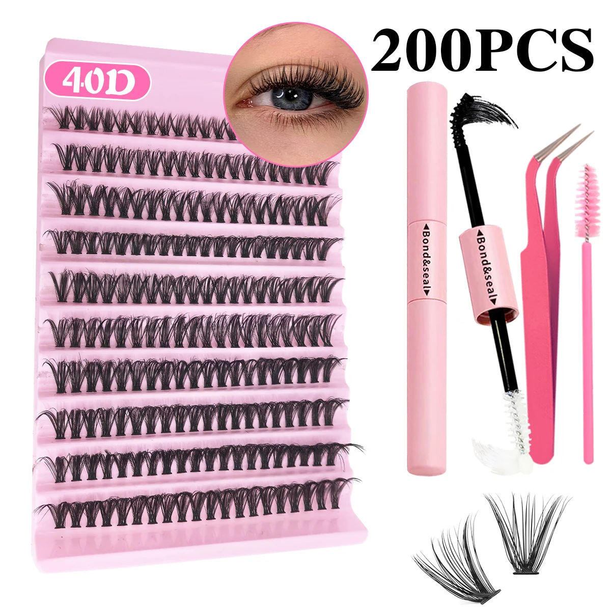 

200PCS DIY Lash Clusters Eyelash Extension Kit, 2-in-1 Lash Bond, Tweezers, Lash Brush, 30D40D80D Mix