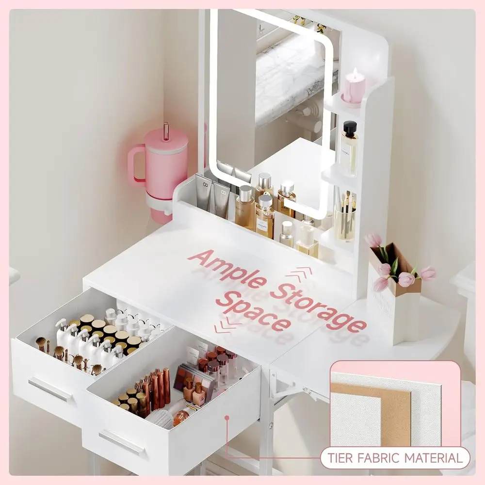 Meja Rias Kompak dengan Cermin untuk Ruang Sempit: Set Meja Mini Putih untuk Kamar Tidur Anak Perempuan