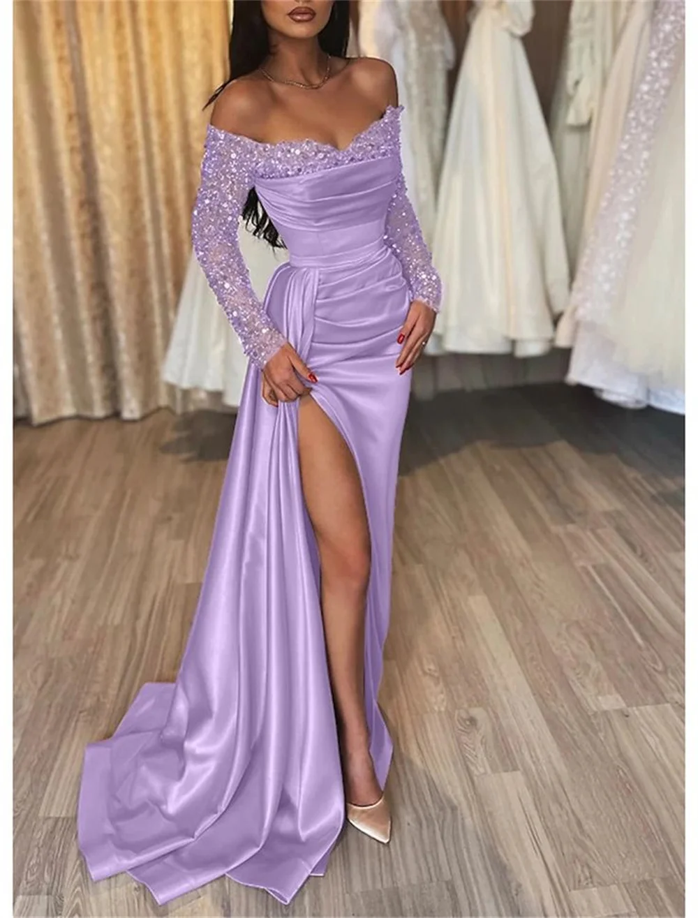 Sansa Mermaid Satin Prom Dresses Off Shoulder Vestidos De Noche Customized Long SLeeves Sexy Side High Split Formal Evening