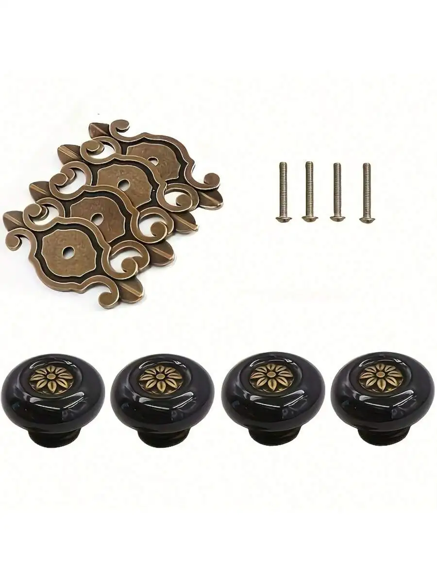 Set of 2/4/8 Elegant Ceramic Handles - Floral Kitchen & Wardrobe Knobs, Zinc Alloy Backplate (Easy Install)